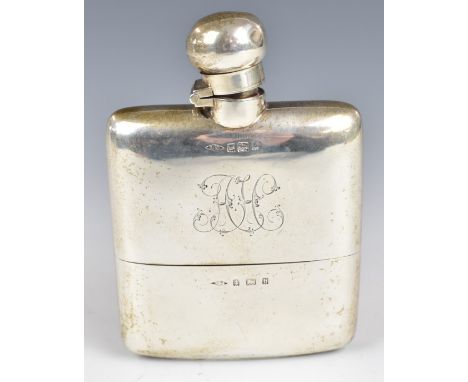 Victorian or Edward VII hallmarked silver hip flask with hinged bayonet cap and pull off cup, Birmingham 1902, maker&nbsp;Gri