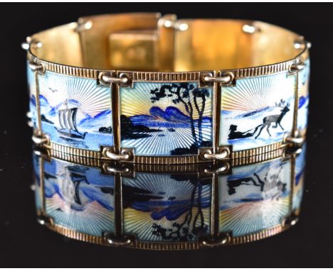 Nils Elvik Norwegian silver bracelet made up of guilloché enamel panels