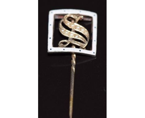 Edwardian 9ct gold stick pin set with enamel and seed pearls in a letter 'S', 1.7g&nbsp;