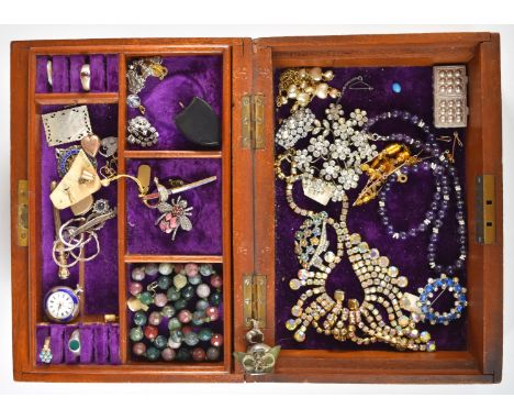 A collection of jewellery including agate necklace, jet locket, diamanté earrings, two silver rings, enamel pendant, two 9ct 