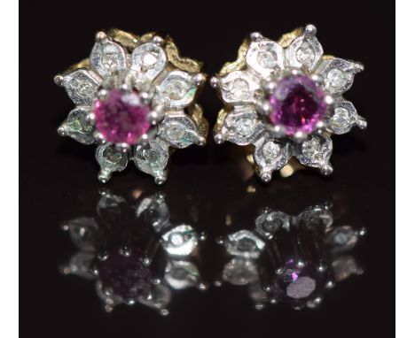 A pair of 9ct gold earrings each set with a ruby and diamonds, 1.6g&nbsp;
