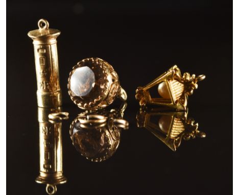 Three 9ct gold charms including a postbox, lamp and fob set with smoky quartz, 7g&nbsp;