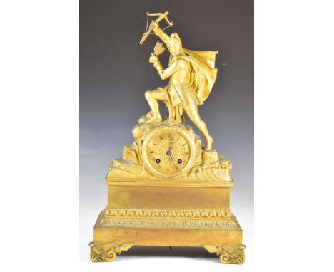 French gilt metal mantel clock with figural archer to top, the movement marked Alexandre Roussel, height 44cm
