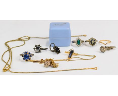 A collection of jewellery including 14k gold wishbone ring (0.6g), a 9ct gold cross on chain (0.7g), silver cufflinks, etc&nb