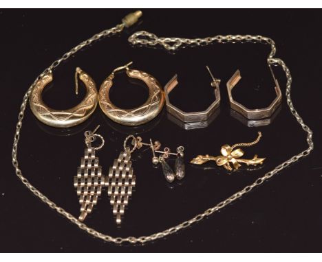 Four pairs of 9ct gold earrings including hoops, etc, 9g and a section of Victorian chain