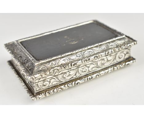 Victorian hallmarked silver snuff box with scrolling border and gilt interior, engraved with date 1941, name John Henry Westr