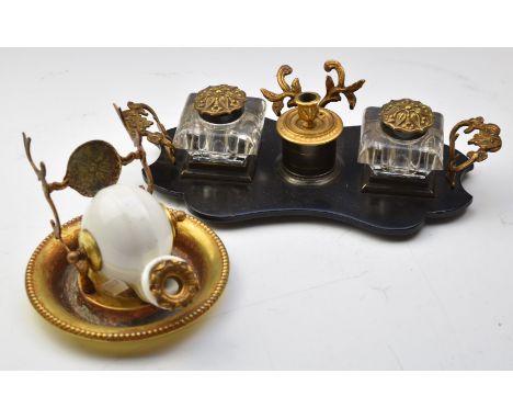 Victorian lacquered and gilt standish with ornate handles, tapered cut glass inkwells and a Japanned central container with c