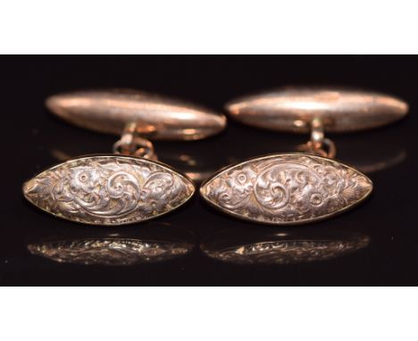 A pair of Victorian 9ct rose gold cufflinks with scrolling decoration, Birmingham 1896, 5.4g