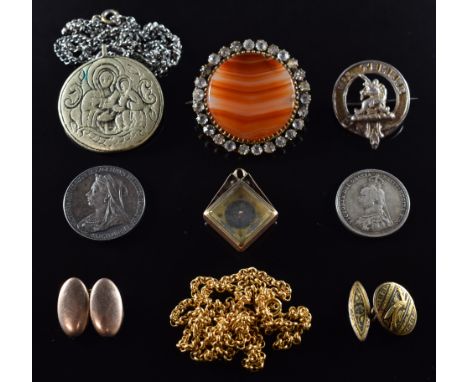 A collection of jewellery including agate brooch, coins, compass charm etc