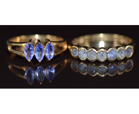 Two 9ct gold rings set with tanzanites, 4.5g, size R &amp; M