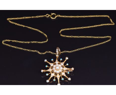 Edwardian 15ct gold&nbsp;pendant / brooch set with seed pearls and turquoise on a 15ct gold chain, 7.6g