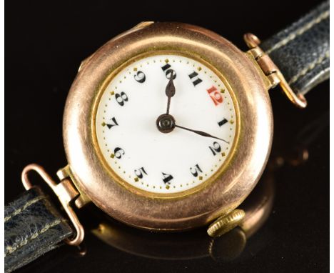 Rolex 9ct gold ladies wristwatch with blued hands, Arabic numerals, gilt hour markers, white enamel dial and signed 15 jewel 