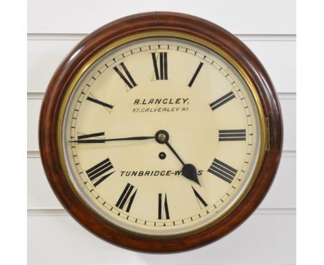 19th / 20thC mahogany cased wall clock with fusee movement and 'R Langley, Tunbridge Wells' to face, overall diameter 39cm