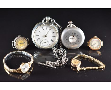 Six pocket and wristwatches comprising a hallmarked silver half hunter, an open faced pocket watch on chain, two 9ct gold lad