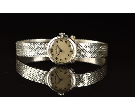 Jaeger LeCoultre 9ct white gold ladies wristwatch with blued hands, black Arabic numerals, silver dial and signed movement, o