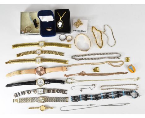 A collection of jewellery including 9ct gold rope twist necklace (2.2g), rolled gold bangle, silver watch chain, watches, etc