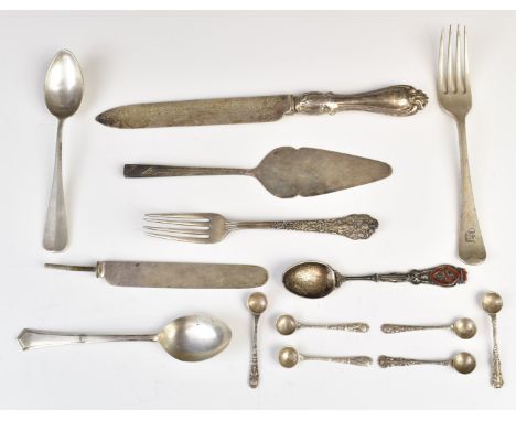 Victorian and later hallmarked silver and other cutlery including Walker and Hall dessert knife, St. Dunstans enamel spoon an