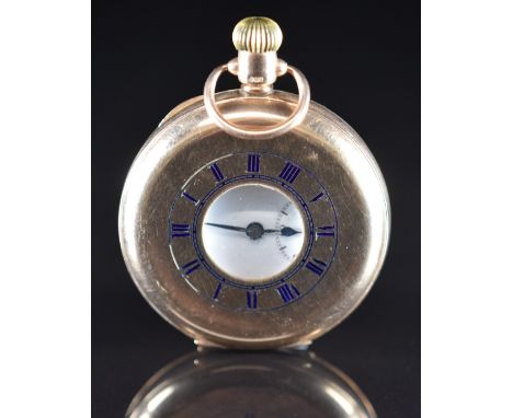 Bulla 9ct gold keyless winding half hunter pocket watch with subsidiary seconds dial, blued hands, black Arabic numerals, whi