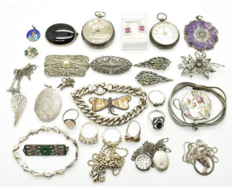 A collection of silver jewellery including three lockets, three silver and marcasite brooches, six silver rings including opa