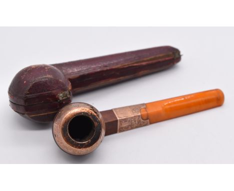 R G Wehrley of Johannesburg walnut and amber pipe with engraved hallmarked 9ct gold mounts, length 15.5cm, in fitted leather 