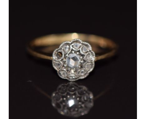 A c1900 18ct gold ring set with rose cut diamonds, 1.5g, size K