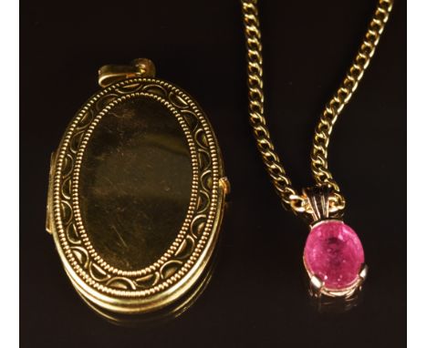 A 9ct gold locket, 9ct gold pendant (4cm) set with an oval cut pink sapphire and a 9ct gold chain, 42cm, 8.2g