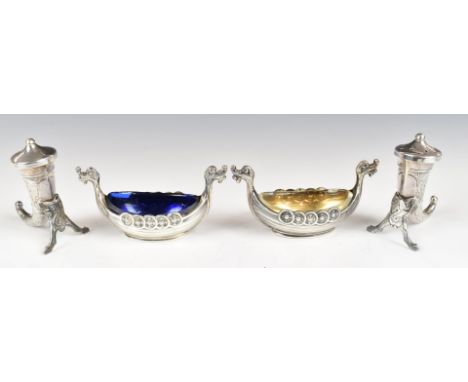 Pair of Norwegian silver novelty open salts formed as Viking ships, together with a pair of cornucopia or horn shaped salt an