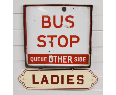 London Transport or similar double sided enamel 'Bus Stop Queue OTHER Side' and 'Queue THIS Side' sign, 39 x 41cm together wi