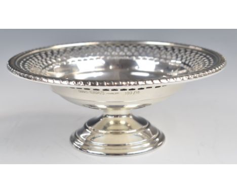 American silver pedestal dish with pierced decoration, marked Birks sterling, diameter 13cm, weight 87g