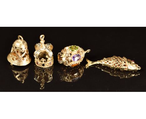 Four 9ct gold charms including a crown set with diamonds, sapphire, amethyst, emeralds and rubies, a articulated fish set wit