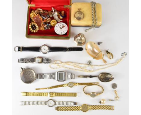 A collection of jewellery including four 9ct gold brooches (6g), Victorian rolled gold guard chain, watches, vintage earrings