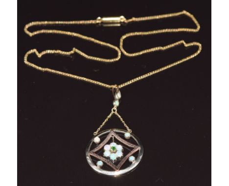 Edwardian 9ct gold pendant set with opals and a demantoid garnet with Greek key decoration, on a 9ct gold chain, 6.6g&nbsp;