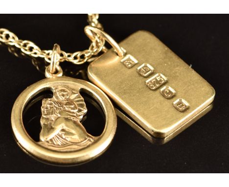 A 9ct gold ingot pendant and 9ct gold St Christopher on a 9ct gold chain, 14.1g