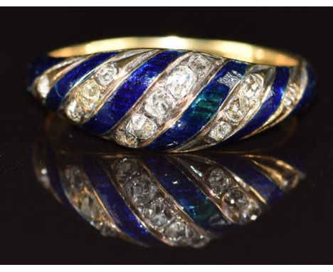 Victorian ring set with blue enamel and old cut diamonds, verso a glass compartment, 3.1g, size L