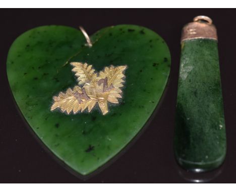 A nephrite jade heart pendant with applied 9ct gold fern decoration and a 9ct gold pendant set with nephrite jade, 22.8g&nbsp