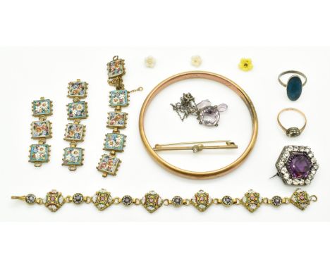 A collection of jewellery including rolled gold Charles Horner flapper bangle, silver brooch, silver ring set with butterfly 