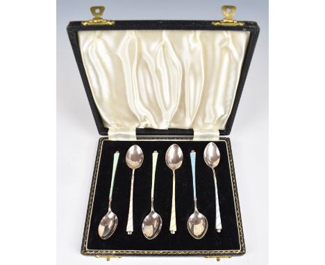 Art Deco cased set of hallmarked silver and guilloché enamel teaspoons, Birmingham, maker&nbsp;Henry Clifford Davis, length 9