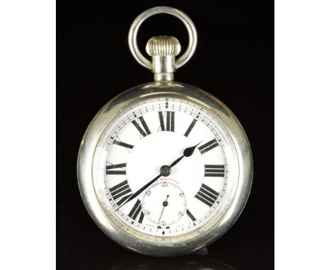 Buren military issue keyless winding open faced pocket watch with subsidiary seconds dial, blued hands, black Roman numerals,