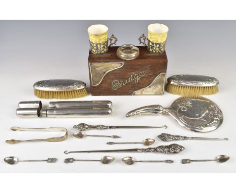 Silver mounted and similar items to include Bridge box, two Mappin &amp; Webb hallmarked silver mounted Copeland porcelain cu