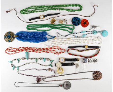 A collection of costume jewellery including glass beaded necklaces, Art Deco necklace, filigree brooch, Timex watch, etc