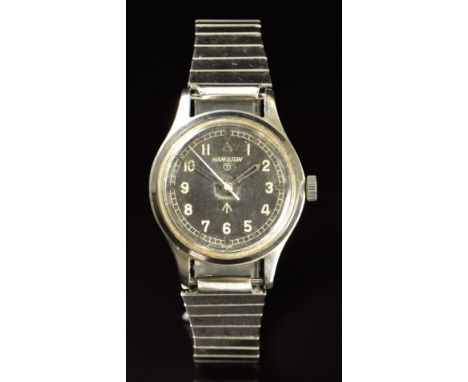 Hamilton military issue wristwatch with&nbsp;white&nbsp;Arabic numerals, black dial, stainless steel case marked to the case 