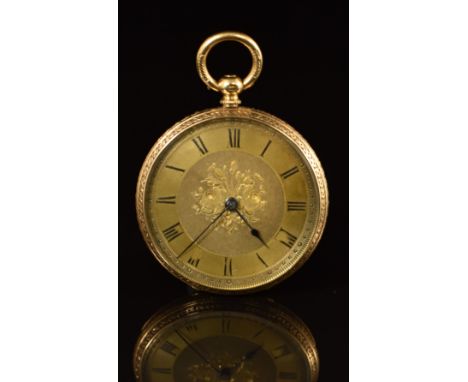 Unnamed 18ct gold open faced pocket watch&nbsp;with blued hands, black Roman numerals, engraved gold dial, engraved and blue 