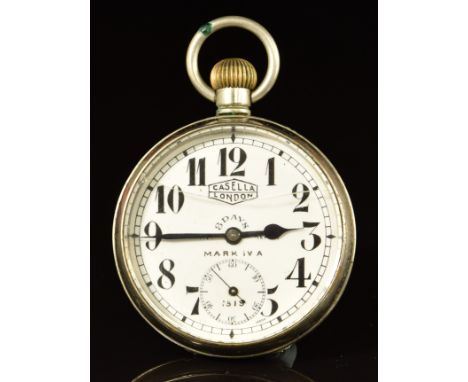Casella RAF Repair Mark IV A keyless winding open faced pocket watch with subsidiary seconds dial, blued hands, black Arabic 