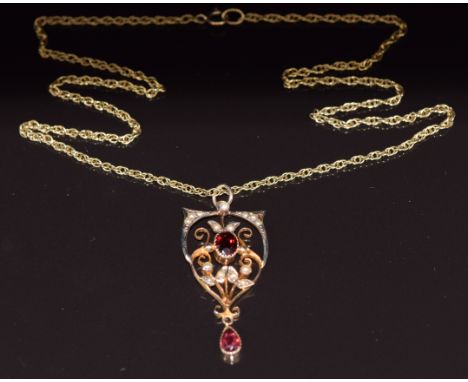 Edwardian 9ct gold pendant set with garnets and seed pearls, on 9ct gold chain, 4.7g&nbsp;