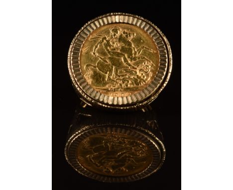 A 9ct gold ring set with a 1903 gold full sovereign with Melbourne Mint mark, 13.7g, size K