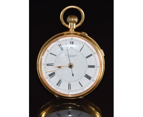M J Russell of London 18ct gold keyless winding open faced centre seconds chronograph pocket watch with gold hour and minutes