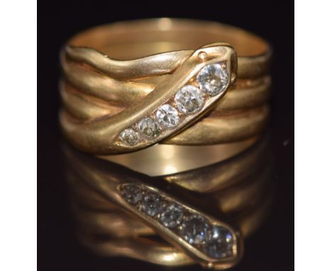 Victorian 18ct gold ring in the form of a serpent set with five graduated old cut diamonds, Chester 1913, 8.7g, size Z