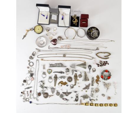 A collection of silver jewellery including rings, bangle, necklaces, rings, pocket watch, Bristol Blue pendant and earrings e