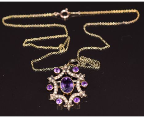 Edwardian 9ct gold&nbsp;pendant set with amethysts and seed pearls on 9ct gold chain, 4.7g&nbsp;