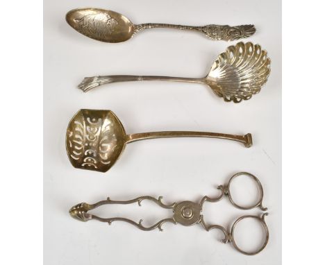 Two hallmarked silver sifter spoons, Buffalo NY souvenir spoon marked sterling and a pair of Georgian hallmarked silver sugar